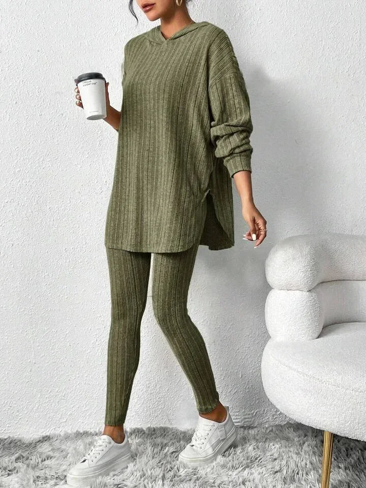 Ribbed knit lounge set oversized hoodie for women | Lyra -6