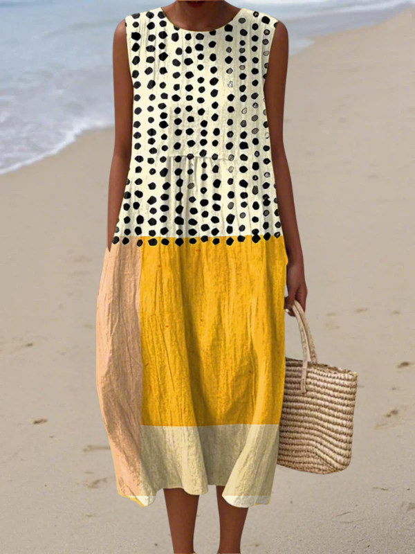Colourblock polka print sleeveless midi dress for women | Leah -1