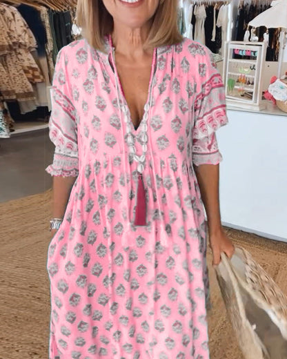 Printed V-neck half sleeve dress for women | Verona -9