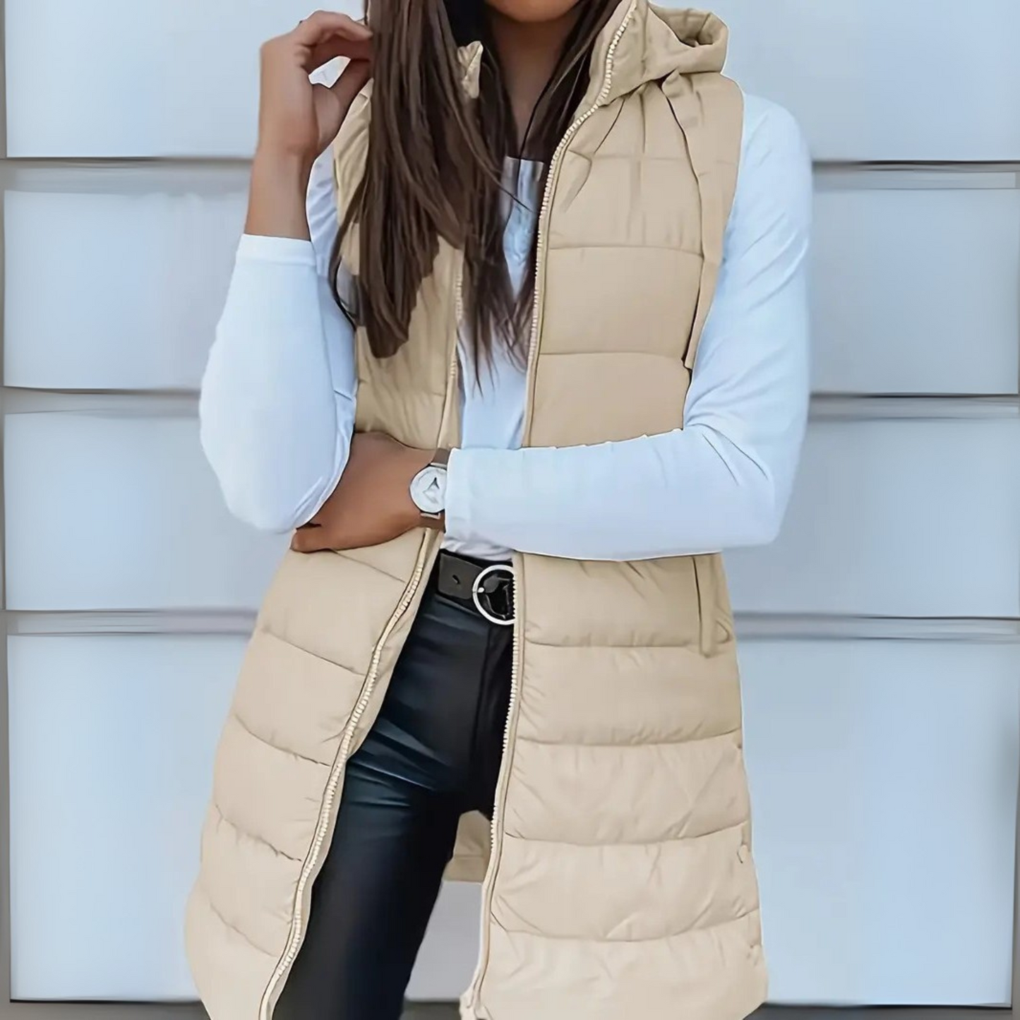 Casual sleeveless hooded long puffer for women | Rain -3