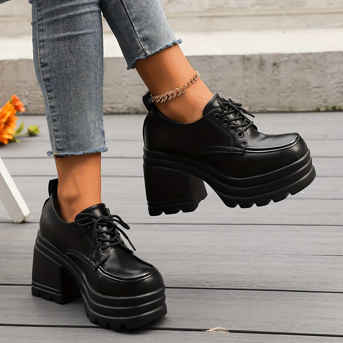 Chunky platform lace-up oxfords block heel for women | Selby -6