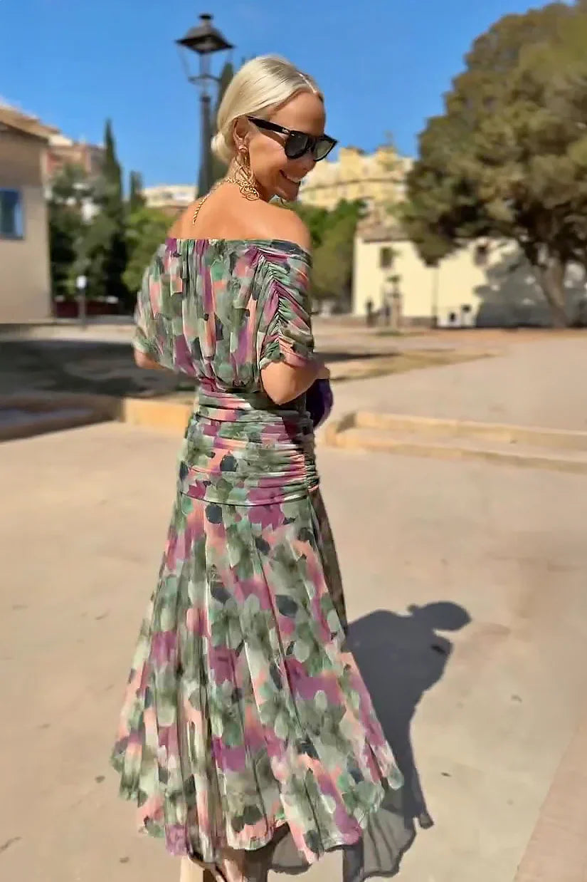 Luxury cocktail shoulder floral maxi dress for women -13