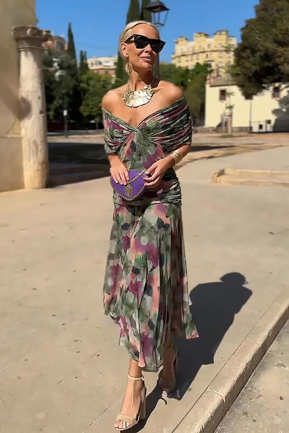 Luxury cocktail shoulder floral maxi dress for women -3