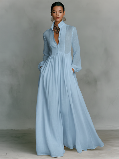 Minimalist stand-collar patchwork maxi dress for women | Aveline -5