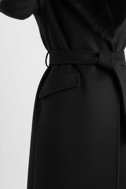 Long coat with soft collar and belted waist for women | Caurelle