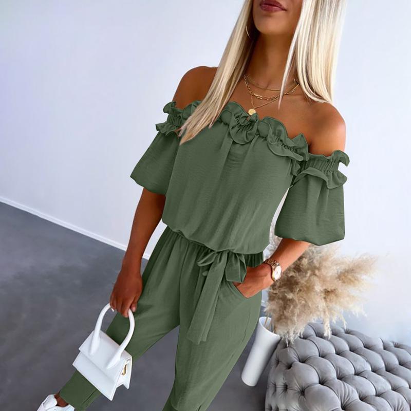 Chic off-shoulder frill tie-waist jumpsuit for women | Camila -3