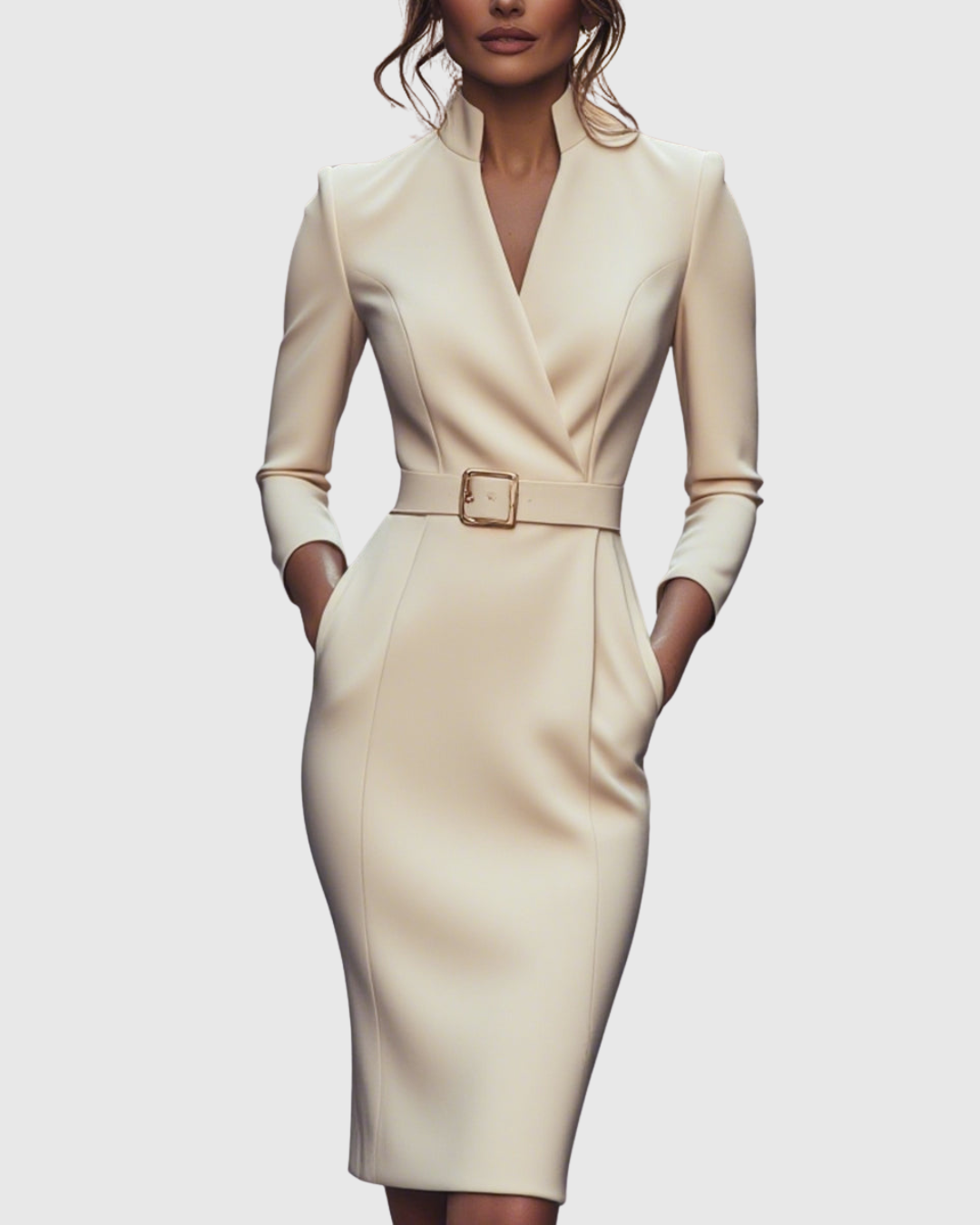 Elegant long-sleeve tailored midi dress for women | Claribel -8