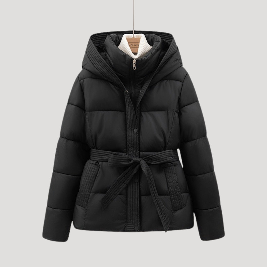 Belted hooded puffer jacket for women | Elara