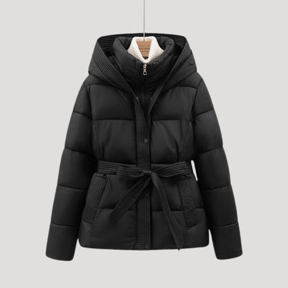 Belted hooded puffer jacket for women | Elara