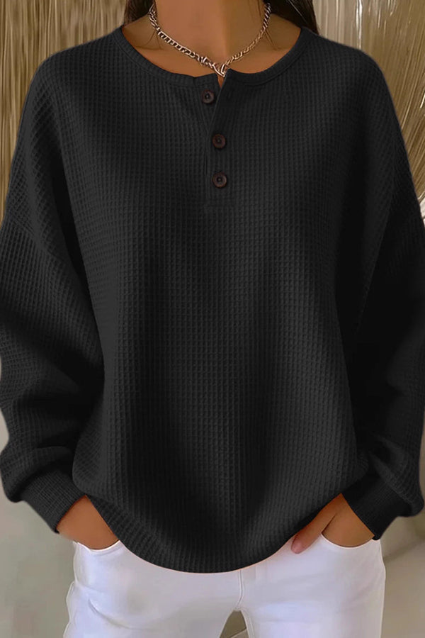 Classic waffle-knit henley everyday top for women | Livia -4