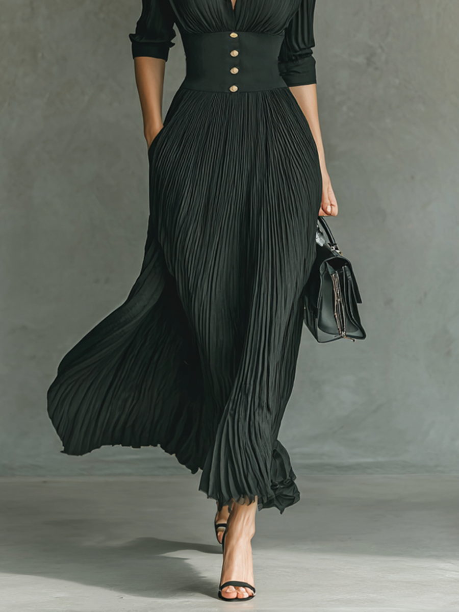 Pleated lapel waist maxi dress for women | Elowen -4