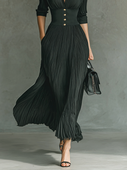 Pleated lapel waist maxi dress for women | Elowen -4