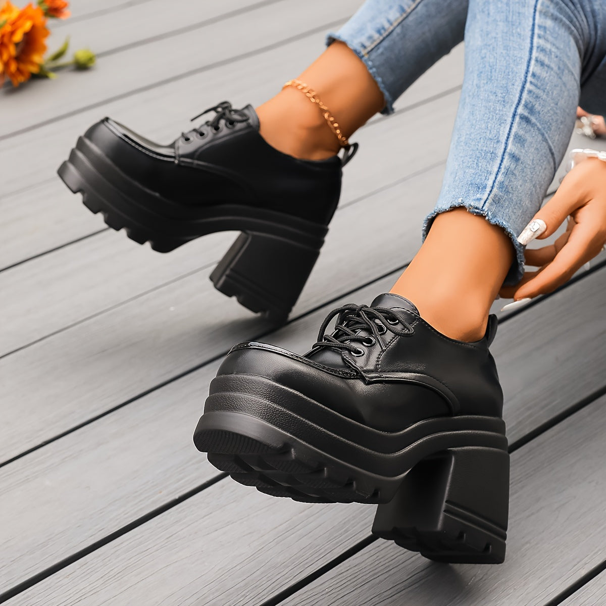 Chunky platform lace-up oxfords block heel for women | Selby -7