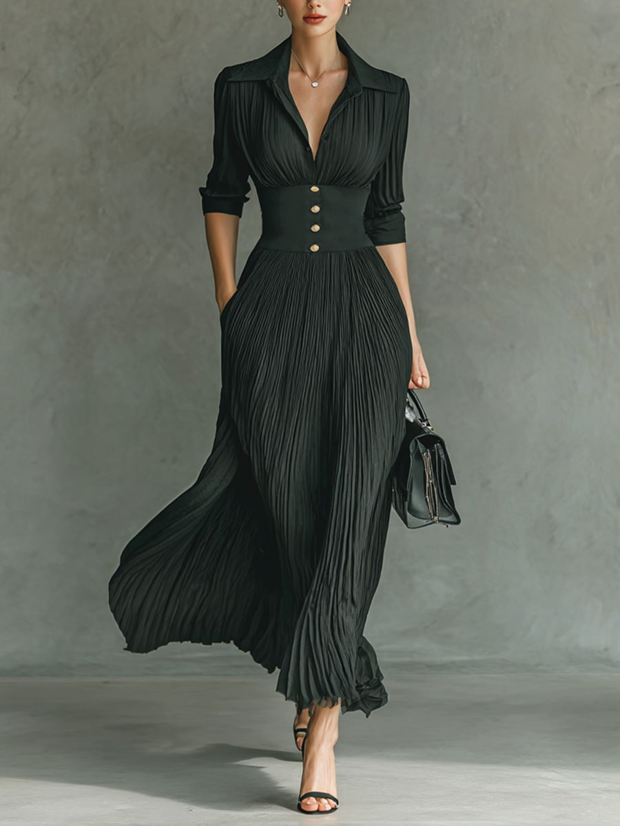 Pleated lapel waist maxi dress for women | Elowen -1