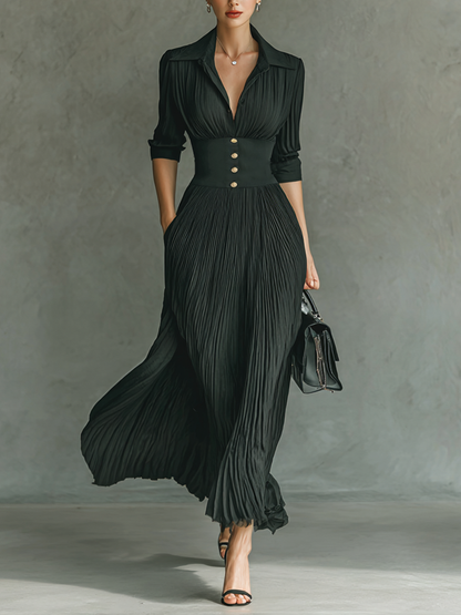 Pleated lapel waist maxi dress for women | Elowen -1