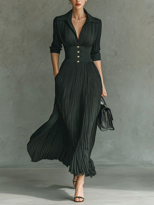 Pleated lapel waist maxi dress for women | Elowen -1