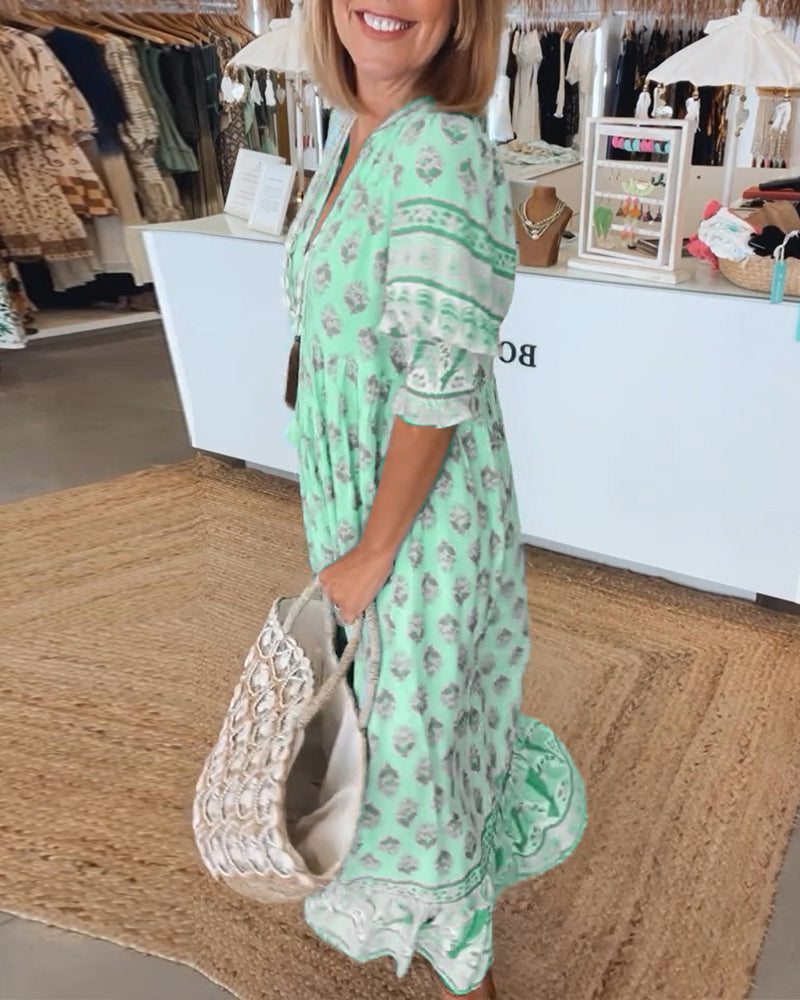 Printed V-neck half sleeve dress for women | Verona -8