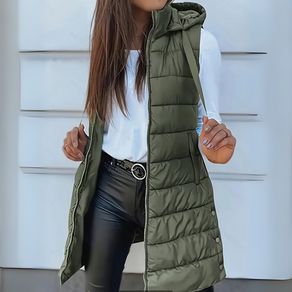 Casual sleeveless hooded long puffer for women | Rain -4
