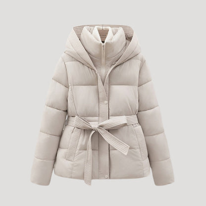 Belted hooded puffer jacket for women | Elara