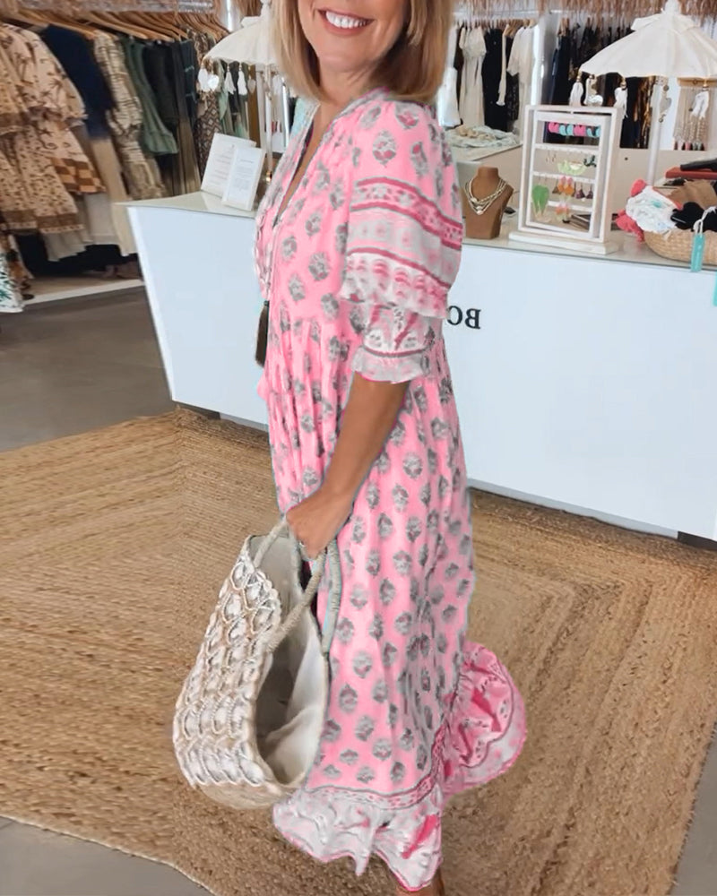 Printed V-neck half sleeve dress for women | Verona -11