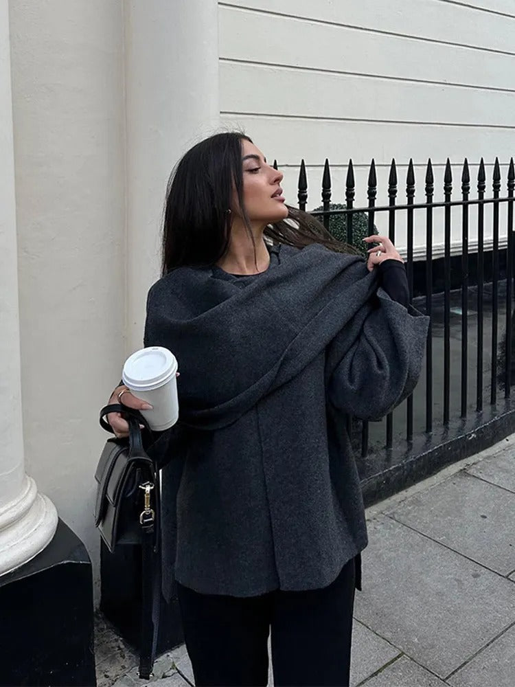 Chic asymmetrical wool poncho coat for women | Seraphina -4