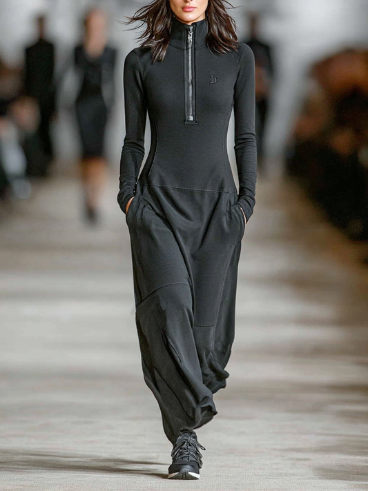 Relaxed zip-collar maxi dress for women | Arwen -1