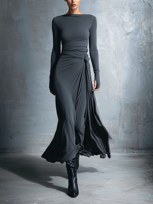 Elegant grey wrap maxi dress for women | Elara -1