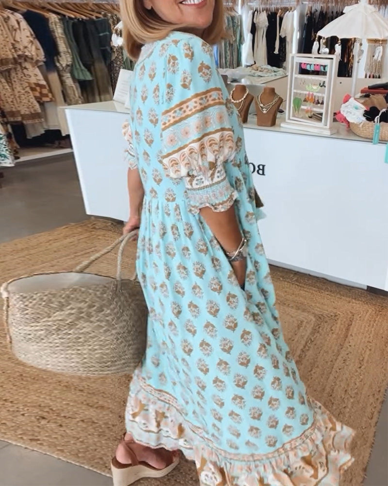 Printed V-neck half sleeve dress for women | Verona -2