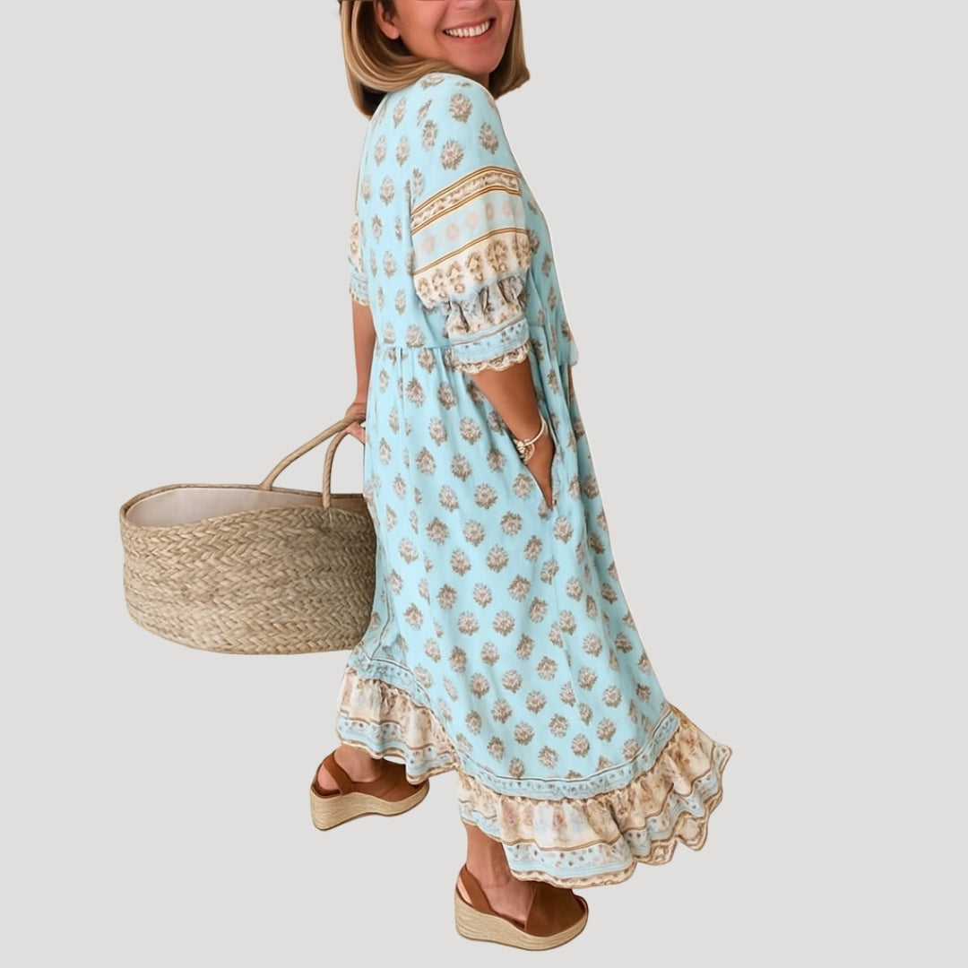 Boho midi dress with printed design for women | Liora