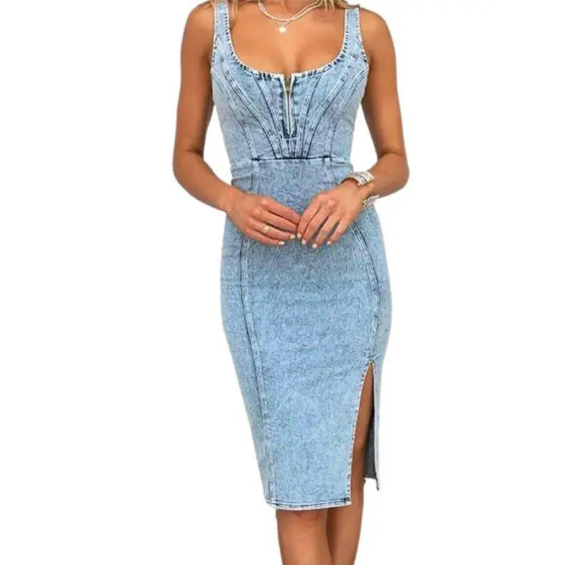 Slim-fit denim side-slit midi dress for women | Tatiana -2