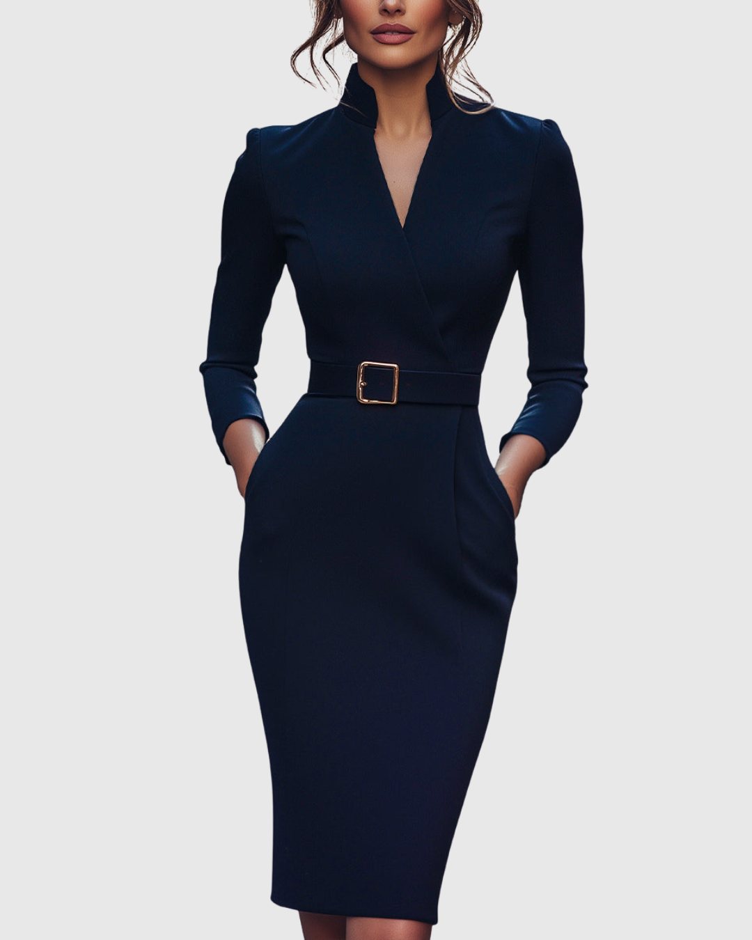 Elegant long-sleeve tailored midi dress for women | Claribel -7