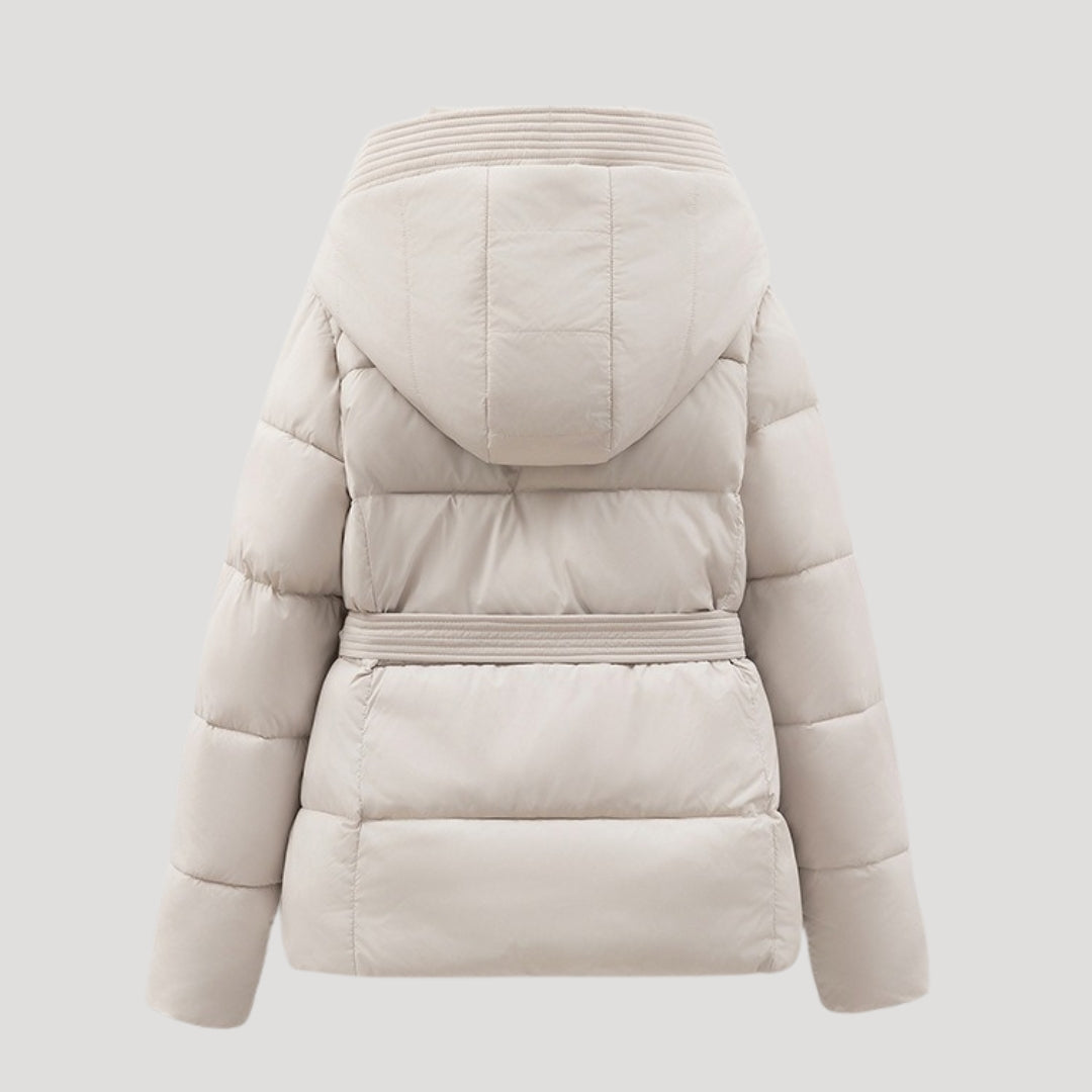 Belted hooded puffer jacket for women | Elara