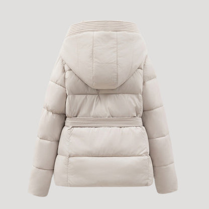 Belted hooded puffer jacket for women | Elara