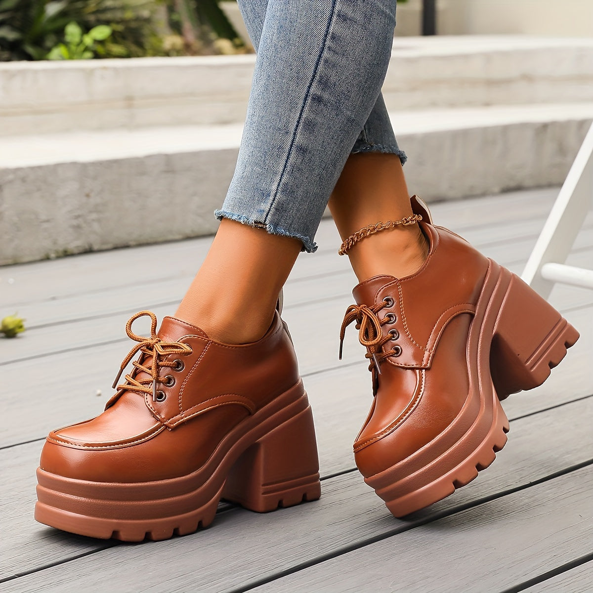 Chunky platform lace-up oxfords block heel for women | Selby -1