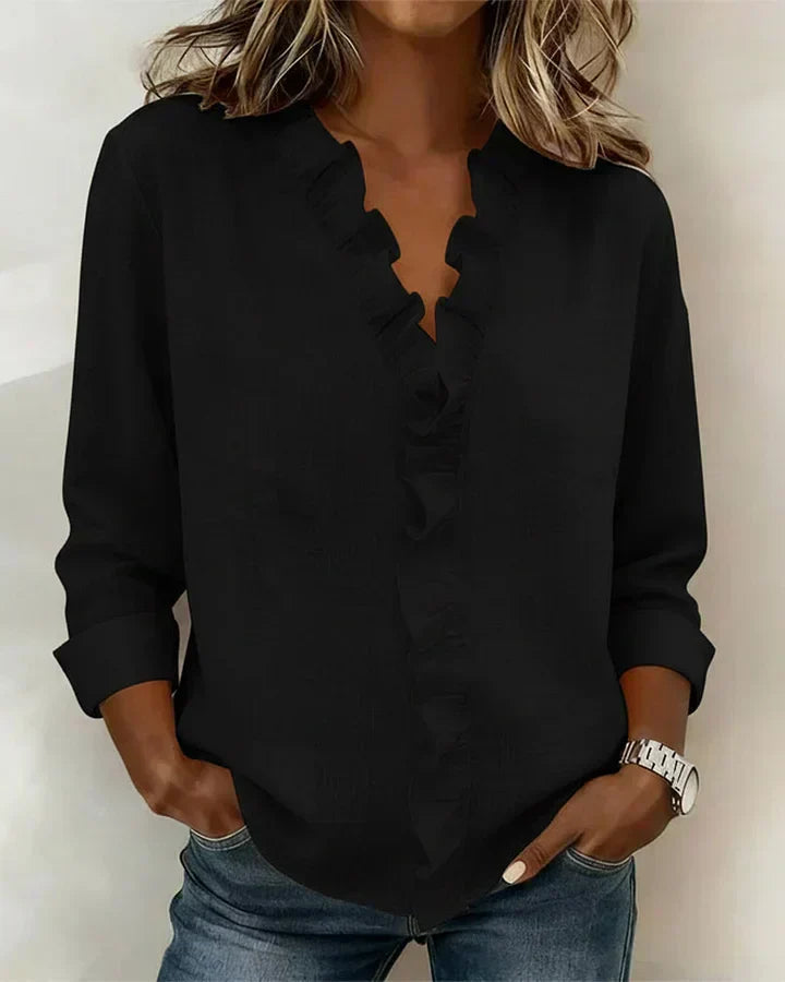 Blouse with ruffled V-neck and long sleeves for women | Indie