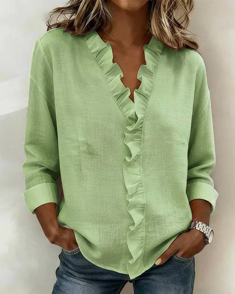 Blouse with ruffled V-neck and long sleeves for women | Indie