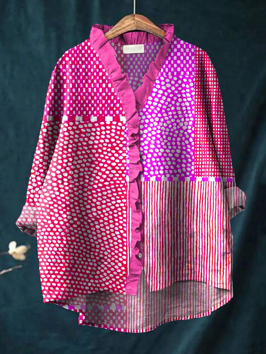 Patchwork blouse with ruffled neckline for women | Cassandra