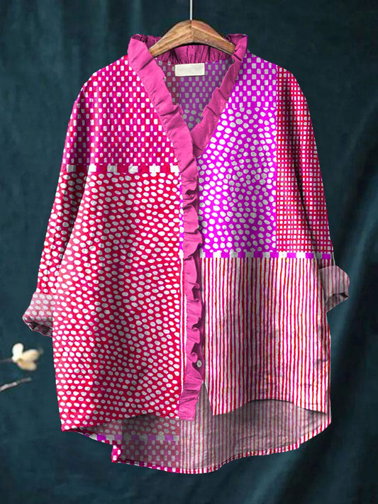 Patchwork blouse with ruffled neckline for women | Cassandra