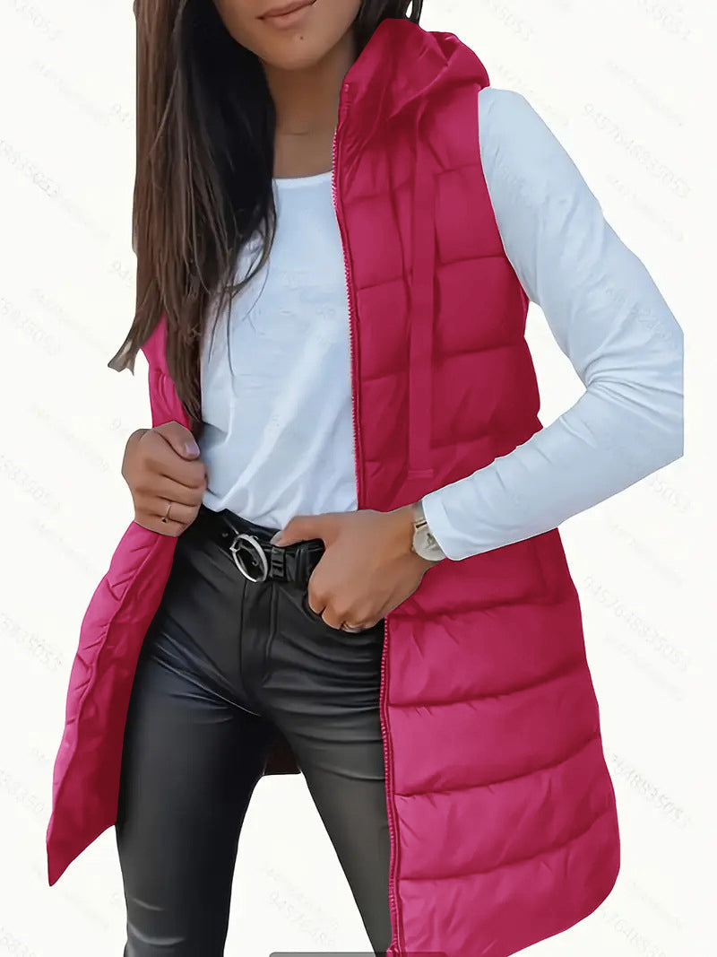 Casual sleeveless hooded long puffer vest for women | Rain -9