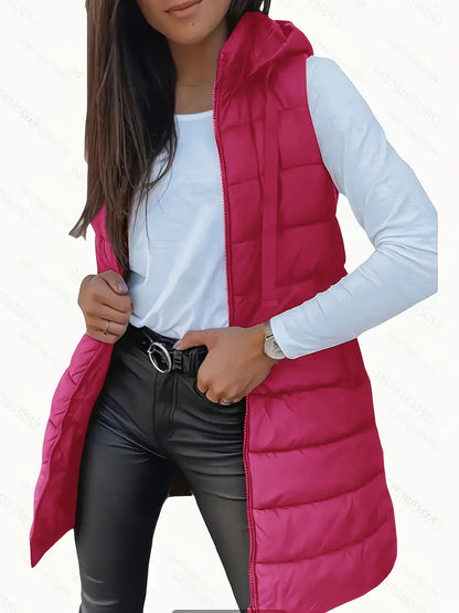 Casual sleeveless hooded long puffer vest for women | Rain -9