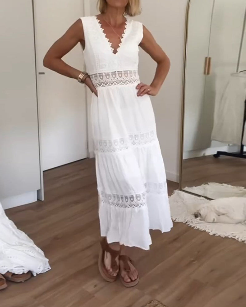 V-neck lace midi dress for women | Aurélia -4