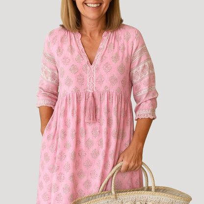 Boho midi dress with printed design for women | Liora