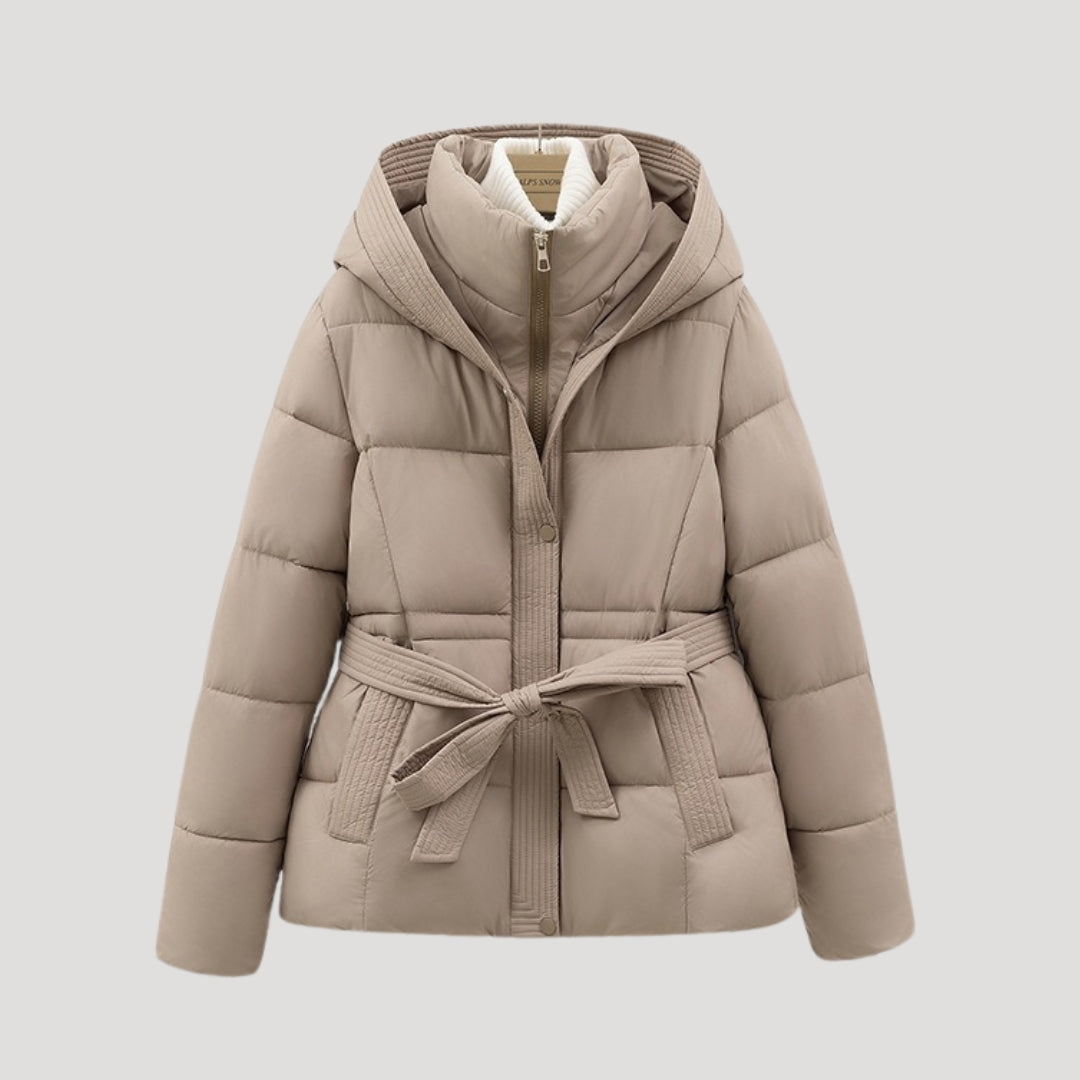 Belted hooded puffer jacket for women | Elara