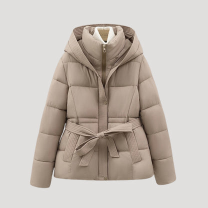 Belted hooded puffer jacket for women | Elara