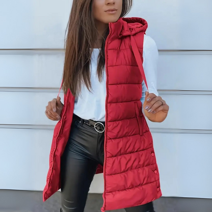 Casual sleeveless hooded long puffer for women | Rain -5