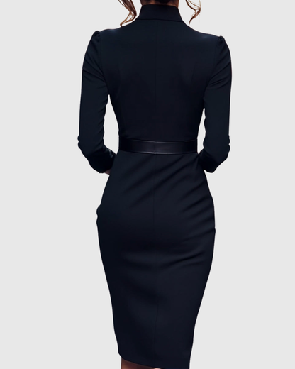 Elegant long-sleeve tailored midi dress for women | Claribel -4