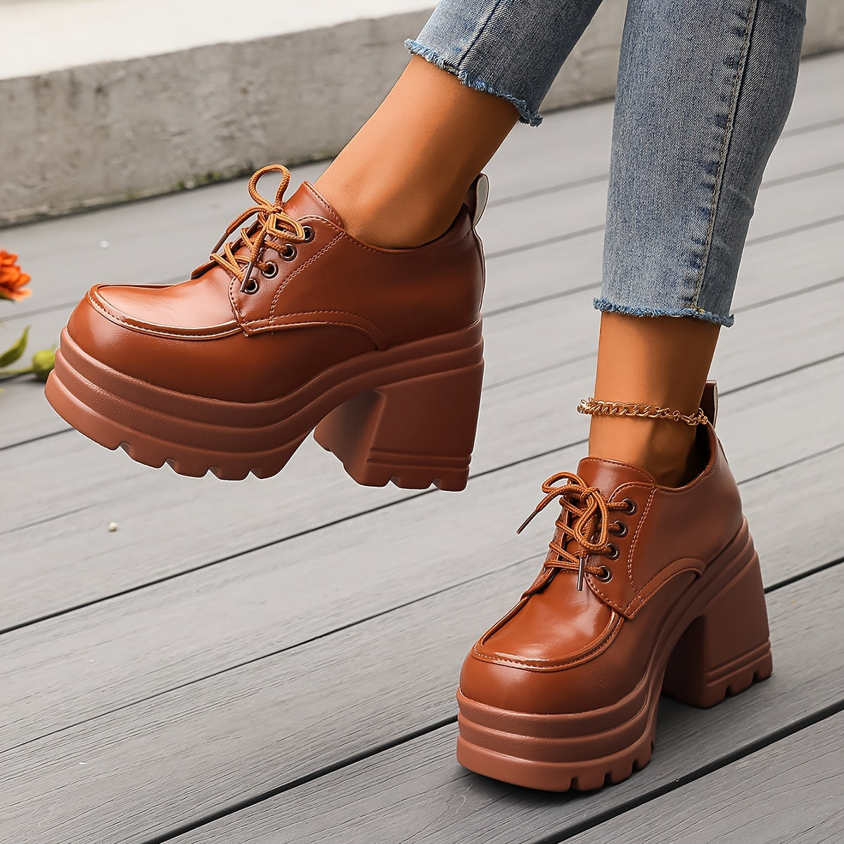 Chunky platform lace-up oxfords block heel for women | Selby -2
