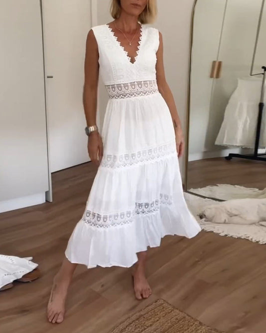 V-neck lace midi dress for women | Aurélia -1