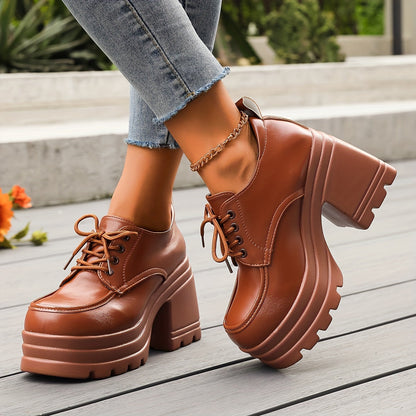 Chunky platform lace-up oxfords block heel for women | Selby -3