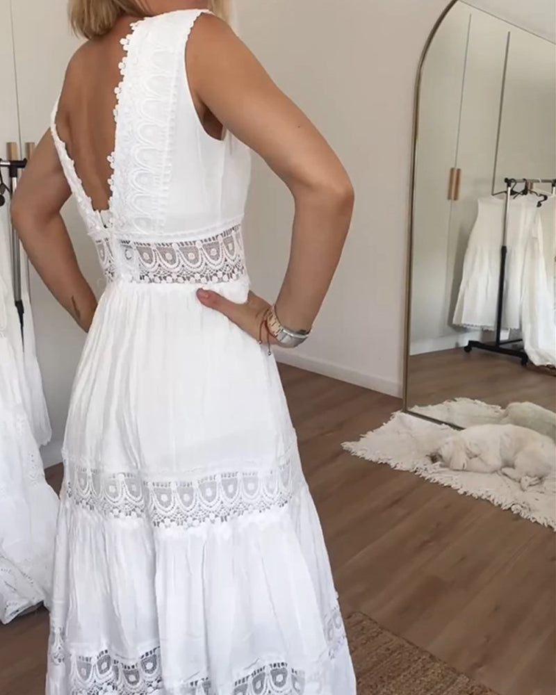 V-neck lace midi dress for women | Aurélia -2